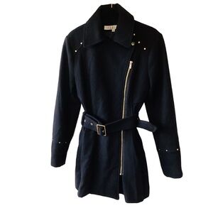 Kenneth Cole Asymmetrical Zip Coat with Belt Size 4 Black Winter Warm Wool Blend